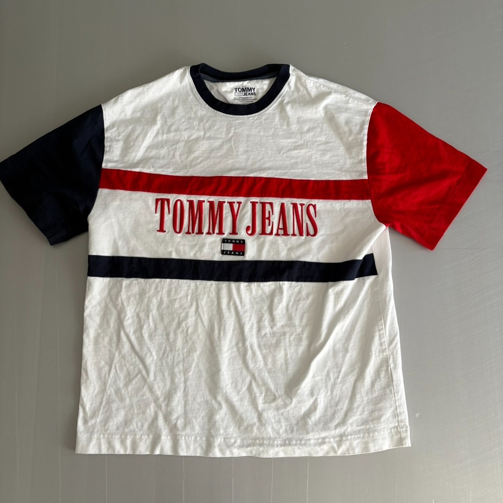 Tommy‎ Jeans Oversized Fit Color Block T-Shirt L Flag Logo Embroidered VTG 90 80